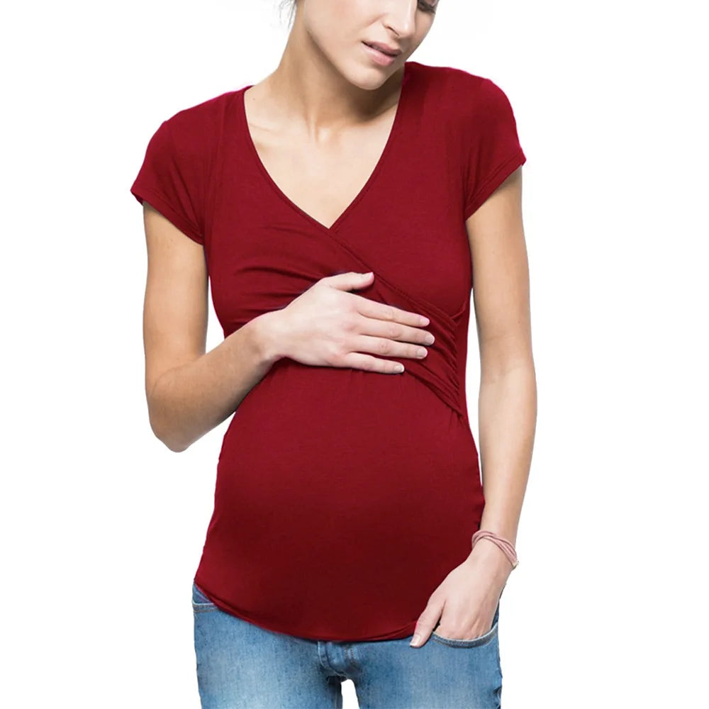 Women's Polyester V-Neck Short Sleeve Breastfeeding Maternity Top