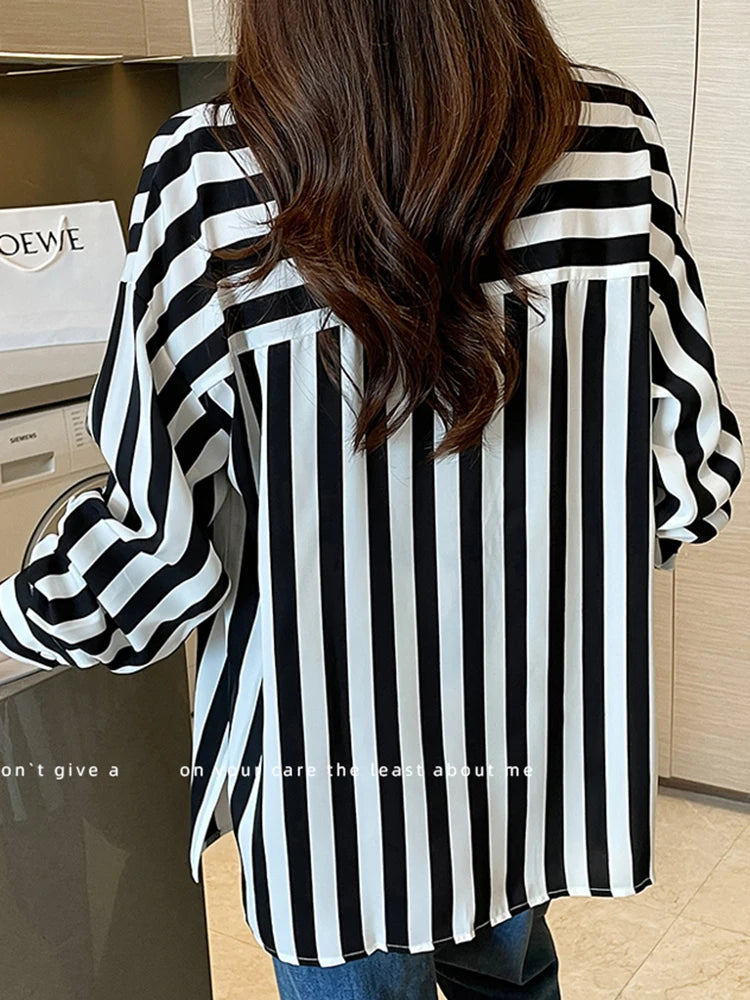 Women's Polyester Turn-Down Collar Long Sleeves Striped Blouse