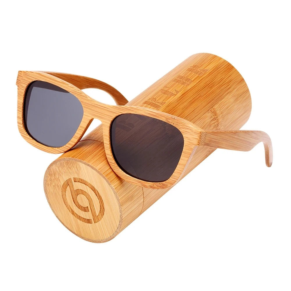 Men's Bamboo Frame Polaroid Lens Square Shaped UV400 Sunglasses