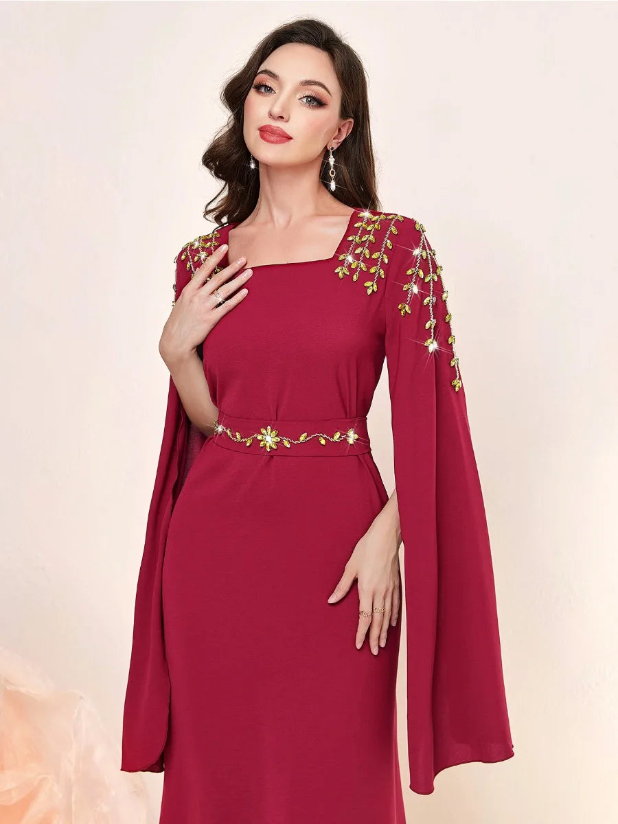 Women's Arabian Polyester Full Sleeves Rhinestone Casual Dress