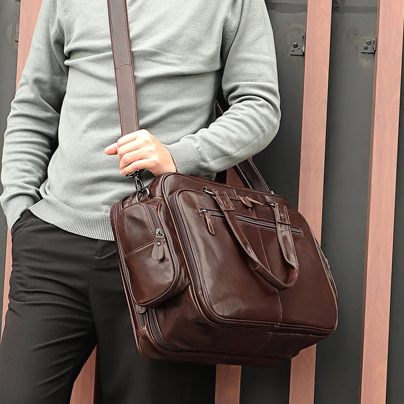 Men's Genuine Leather Zipper Closure Solid Pattern Shoulder Bag