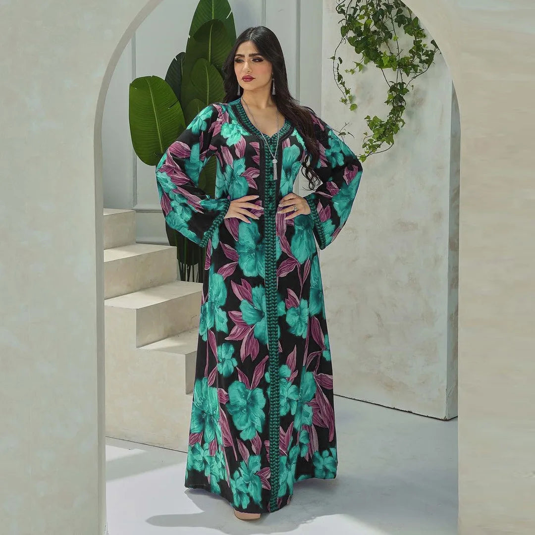 Women's Arabian Polyester Full Sleeve Floral Pattern Casual Dress