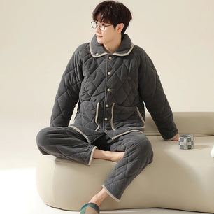 Men's Flannel Turn-Down Collar Full Sleeves Sleepwear Pajamas Set