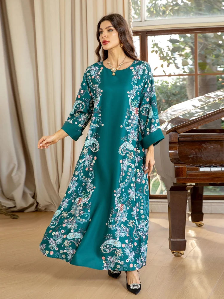 Women's Arabian Polyester Full Sleeves Floral Pattern Dress