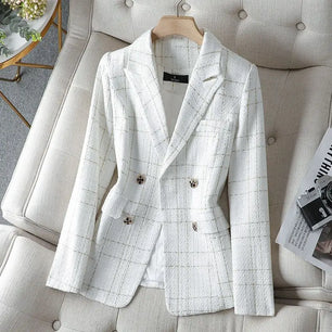 Women's Notched Collar Full Sleeves Double Breasted Plaid Blazers