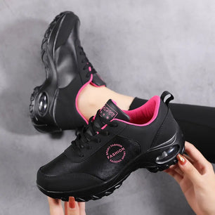 Women's Leather Round Toe Lace-up Closure Sports Wear Sneakers