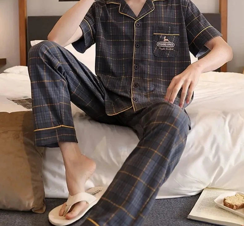 Men's Cotton Turn-Down Collar Short Sleeves Sleepwear Pajamas Set