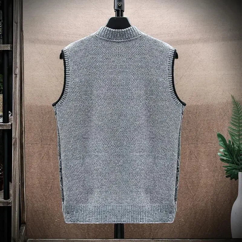 Men's Wool V-Neck Sleeveless Zipper Casual Wear Knitted Sweater