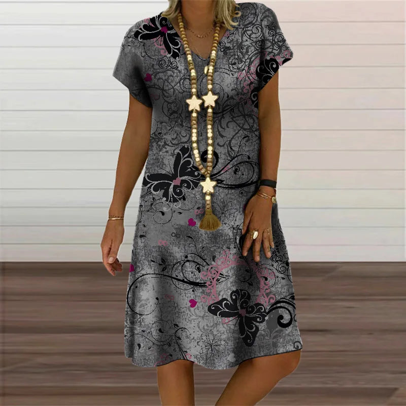 Women's Polyester V-Neck Short Sleeves Mini Printed Vintage Dress