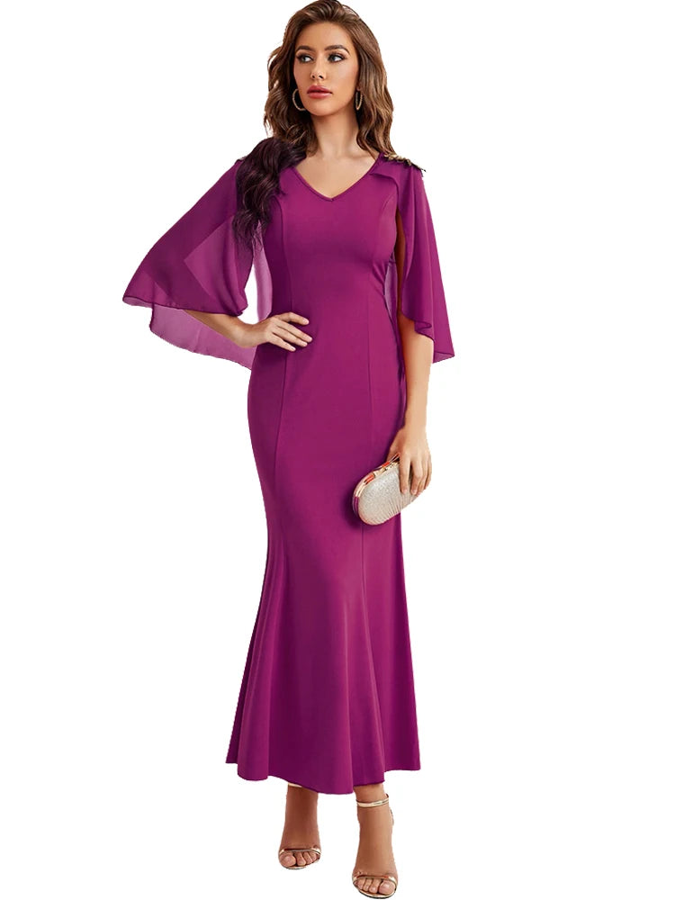 Women's V-Neck Polyester Long Sleeve Plain Pattern Party Dress