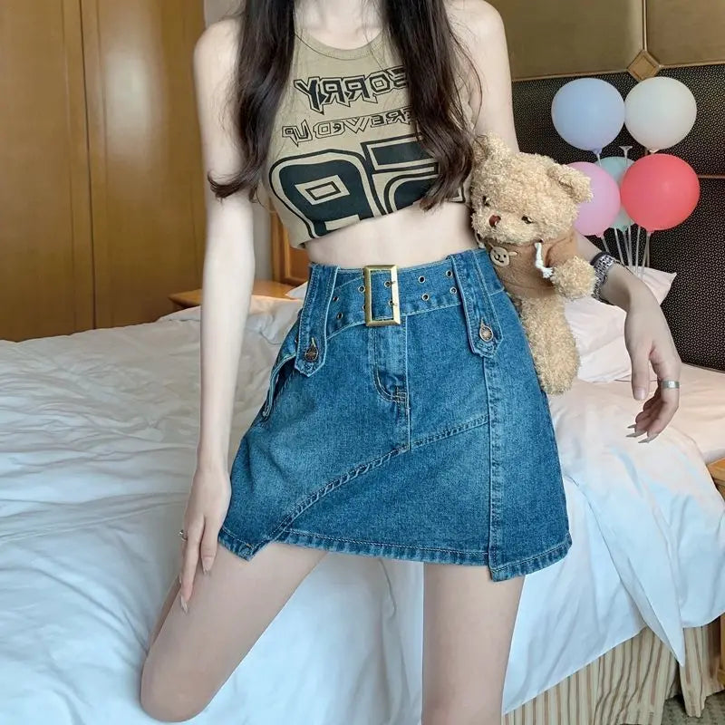 Women's Polyester High Waist Solid Pattern Casual Denim Skirts