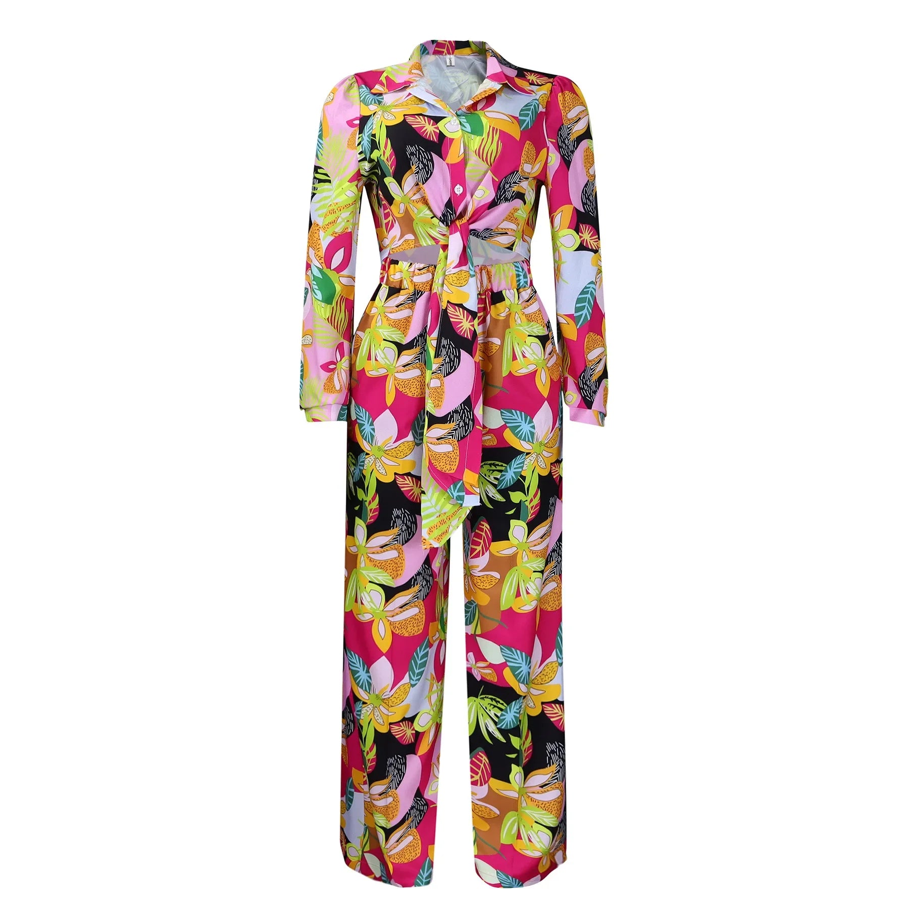 Women's Polyester Turn-Down Collar Long Sleeves Printed Jumpsuit