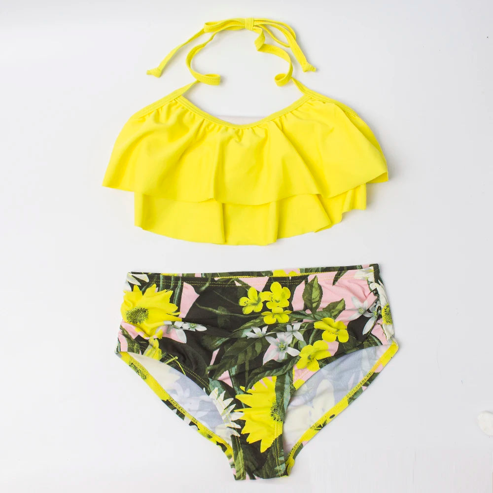 Kid's Girl Nylon V-Neck Floral Pattern Trendy Swimwear Bikini Set