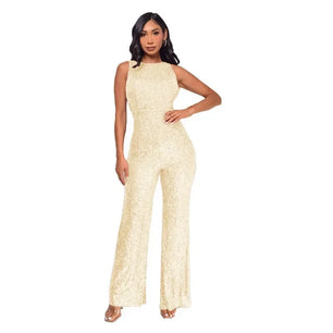 Women's Polyester O-Neck Sleeveless Sequined Pattern Jumpsuit