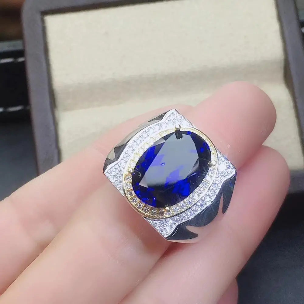 Men's 100% 925 Sterling Silver Sapphire Bezel Setting Trendy Ring