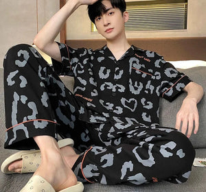 Men's Cotton Turn-Down Collar Short Sleeve Printed Sleepwear Set