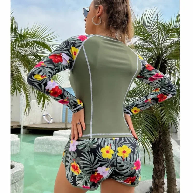 Women's Polyester O-Neck Long Sleeve Pullover Swimwear Bikini Set