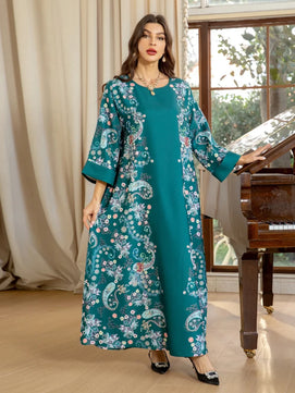 Women's Arabian Polyester Full Sleeves Floral Pattern Dress