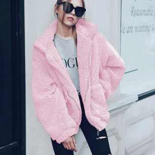 Women's Faux Fur Turn-Down Collar Long Sleeves Solid Jacket