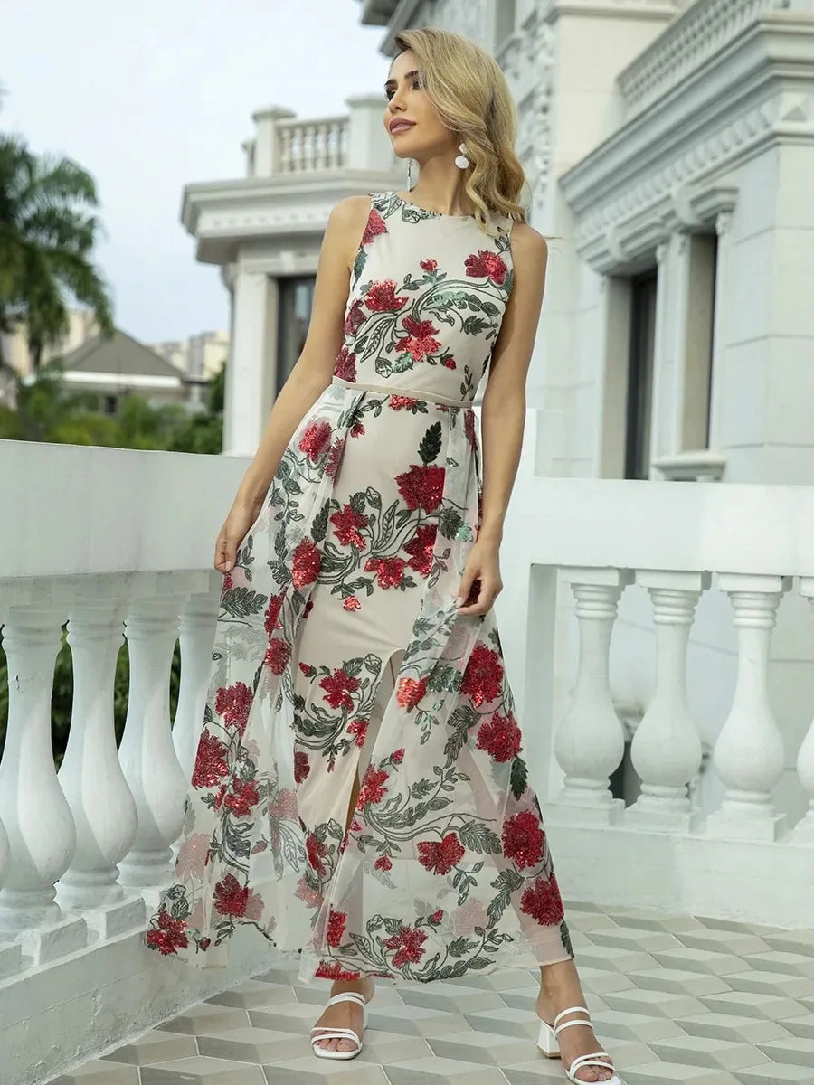 Women's Polyester O-Neck Sleeveless Printed Pattern Party Dress