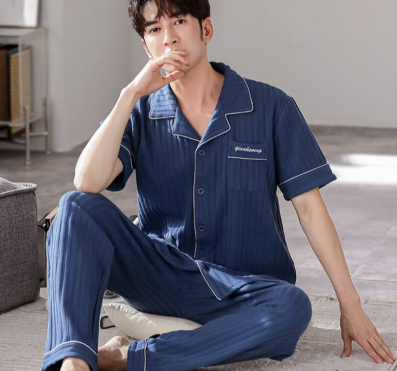 Men's Cotton Short Sleeves Elastic Waist Sleepwear Pajamas Set