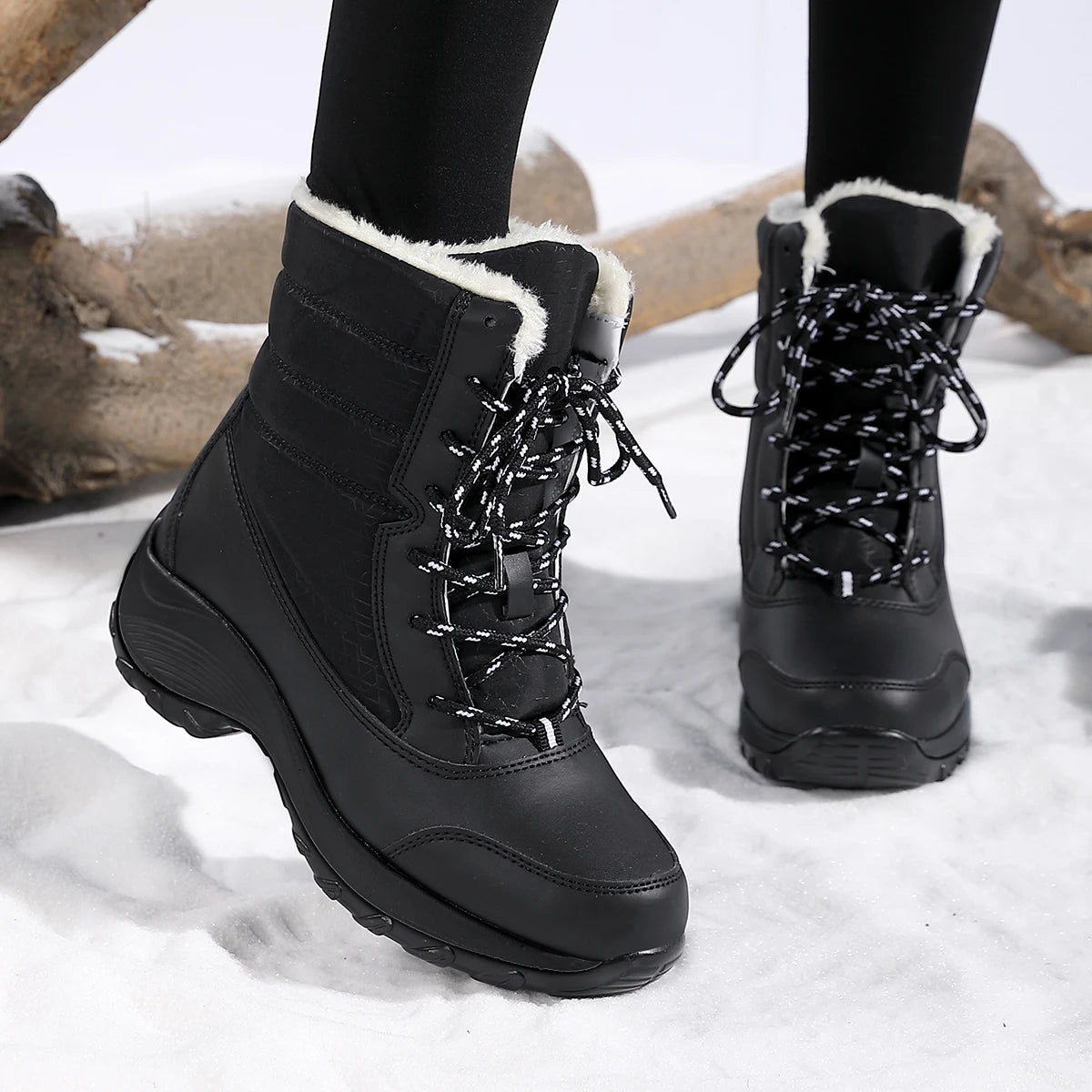 Women's PU Round Toe Lace-Up Closure Casual Wear Winter Shoes