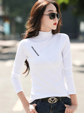 Women's Cotton Turtleneck Long Sleeve Solid Casual Wear Blouse