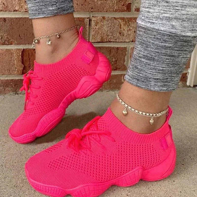 Women's Mesh Round Toe Lace-Up Closure Sports Wear Sneakers