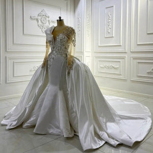 Women's V-Neck Long Sleeves Court Train Mermaid Wedding Dress