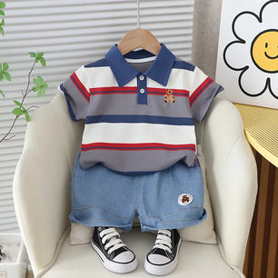 Baby Boy's Cotton Short Sleeves Striped Pattern Trendy Dress