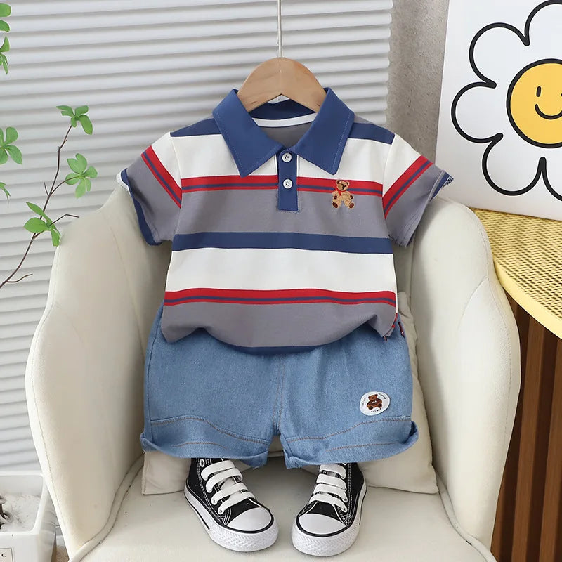 Kid's Boys Cotton Turn-Down Collar Short Sleeves Striped Clothes