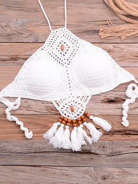 Women's Cotton Mid Waist Swimwear Knitted Pattern Bikini Set