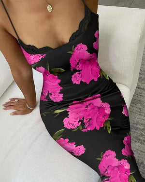 Women's Polyester V-Neck Sleeveless Floral Pattern Party Dress