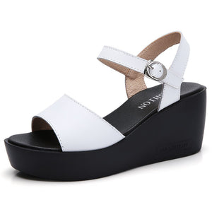 Women's Split Leather Hook Loop Closure Solid Casual Sandals