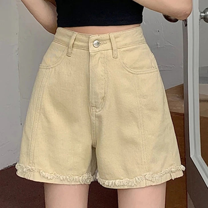 Women's Polyester High Waist Zipper Fly Casual Solid Denim Shorts