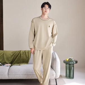 Men's Cotton O-Neck Long Sleeve Solid Pattern Sleepwear Set