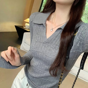 Women's Polyester V-Neck Long Sleeve Striped Pattern Casual Tops