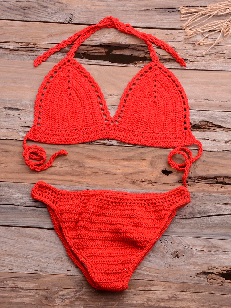 Women's Cotton High Waist Swimwear Knitted Pattern Bikini Set