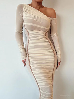 Women's Polyester Diagonal-Neck Long Sleeves Pleated Party Dress