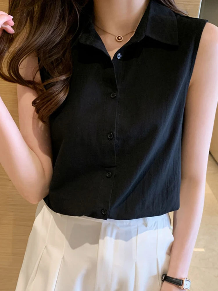 Women's Polyester Turn-Down Collar Sleeveless Casual Wear Blouse