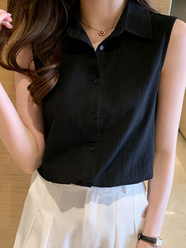 Women's Polyester Turn-Down Collar Sleeveless Casual Wear Blouse