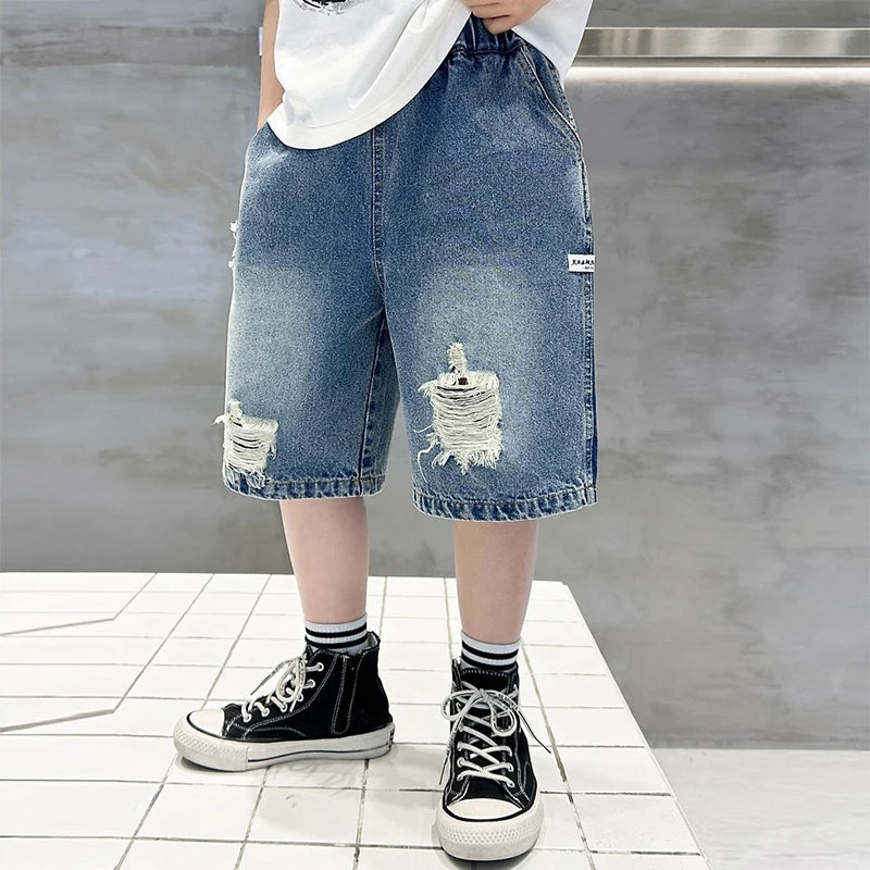 Kid's Cotton Mid Elastic Waist Closure Casual Wear Denim Shorts