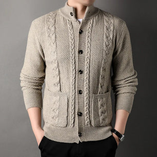 Men's Polyester Stand Collar Full Sleeves Single Breasted Sweater