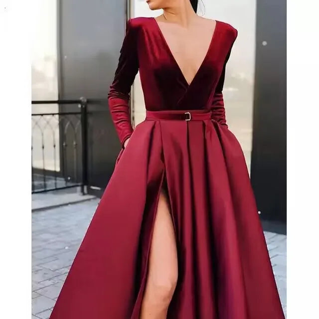 Women's Satin V-Neck Long Sleeves Side Slit Evening Party Dress