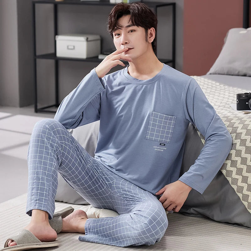 Men's Cotton O-Neck Long Sleeves Trendy Sleepwear Pajamas Set