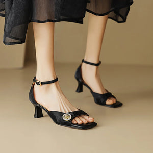 Women's Split Leather Square Toe Buckle Strap Closure Sandals