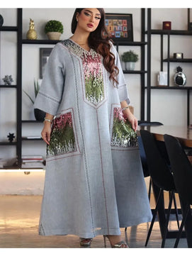 Women's Arabian Polyester Full Sleeve Sequins Pattern Casual Dress