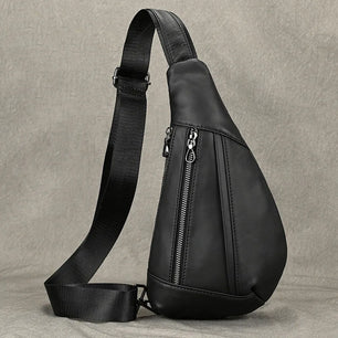 Men's Genuine Leather Zipper Closure Solid Pattern Shoulder Bag