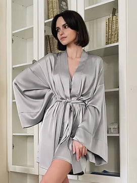 Women's Silk V-Neck Full Sleeve Nightgown Bathrobe Sleepwear Dress