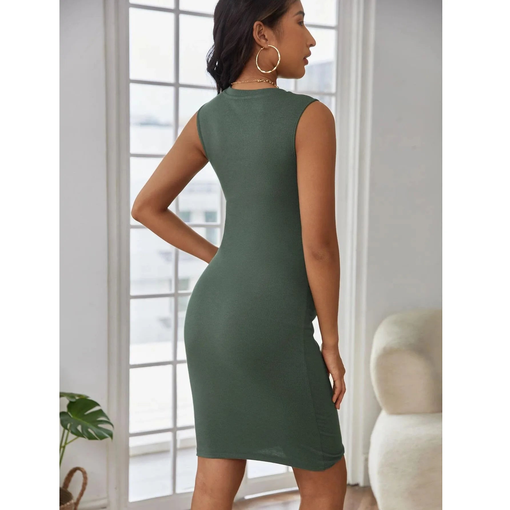 Women's Polyester O-Neck Sleeveless Solid Pattern Maternity Dress